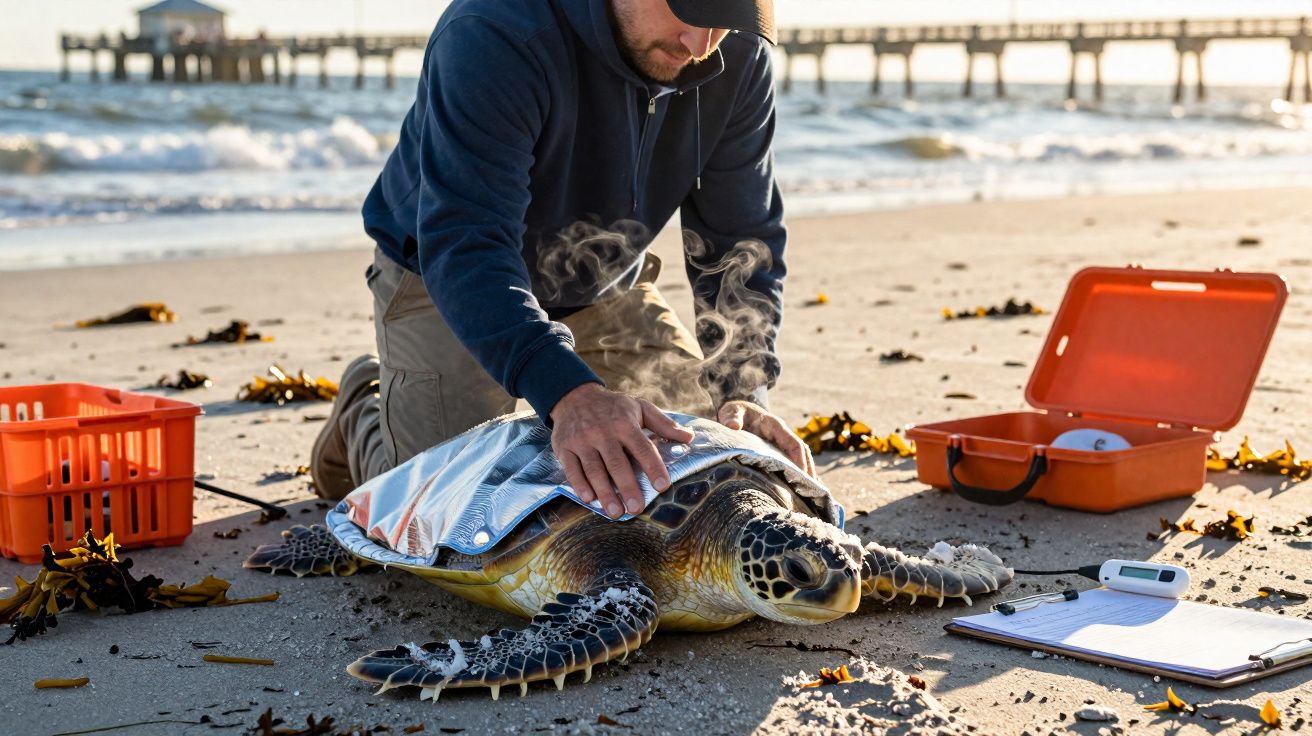 Homem cuidando de tartaruga marinha na praia com equipamentos de resgate e anotações ao lado.