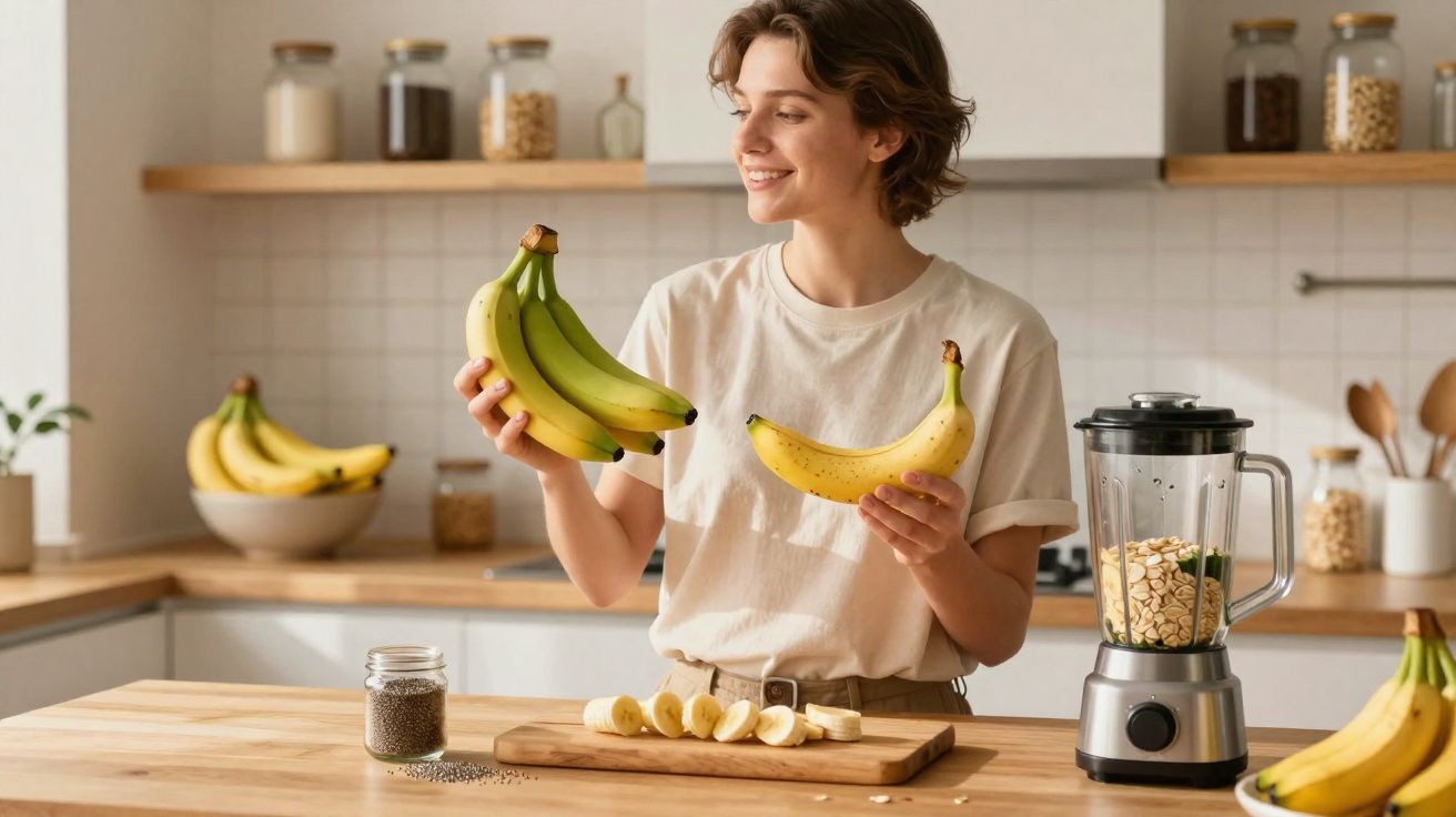 Jovem sorridente segurando bananas na cozinha, com frutas cortadas e liquidificador na bancada.