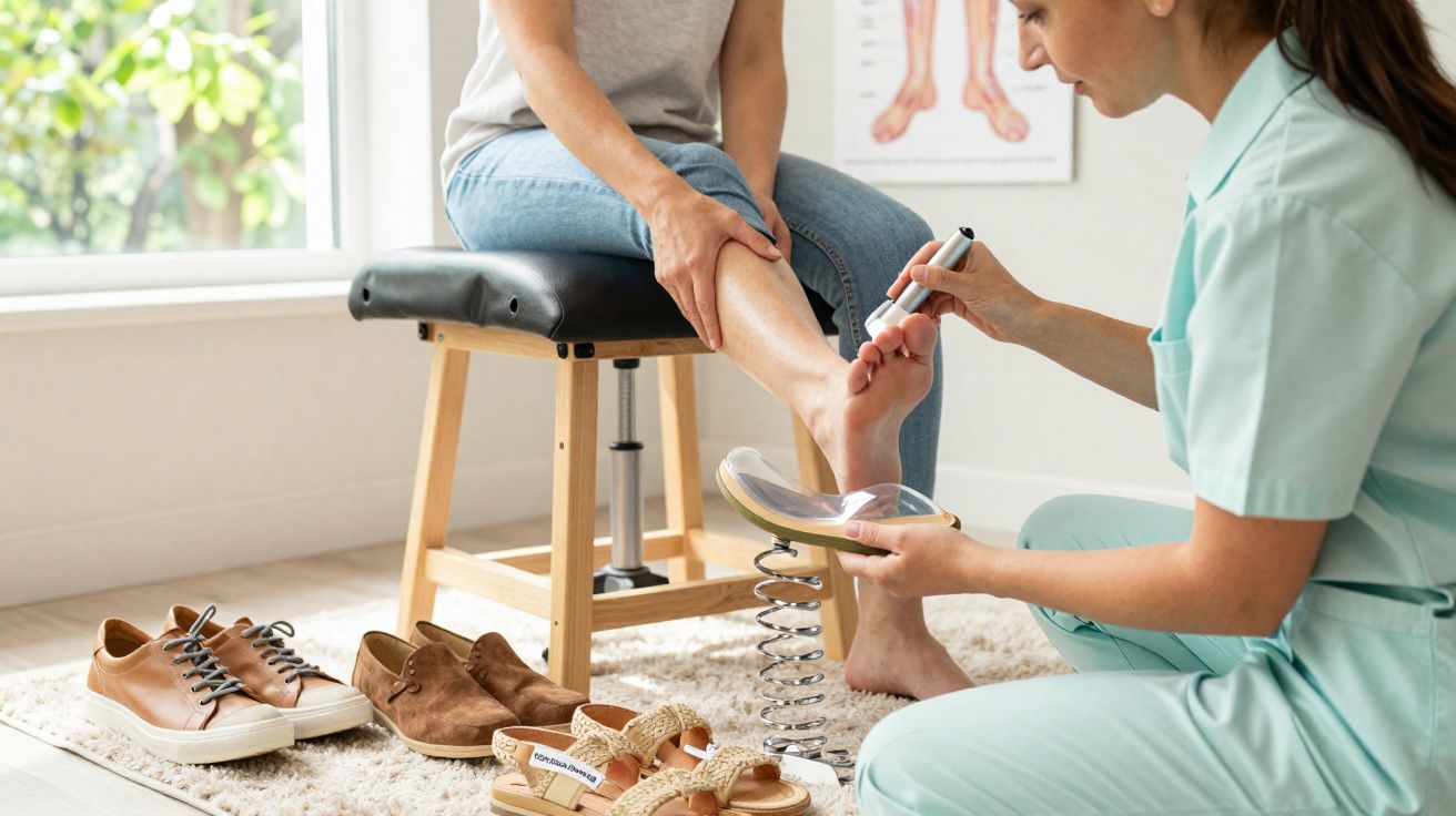Profissional de saúde ajusta palmilha ortopédica no pé de paciente sentado em banco.