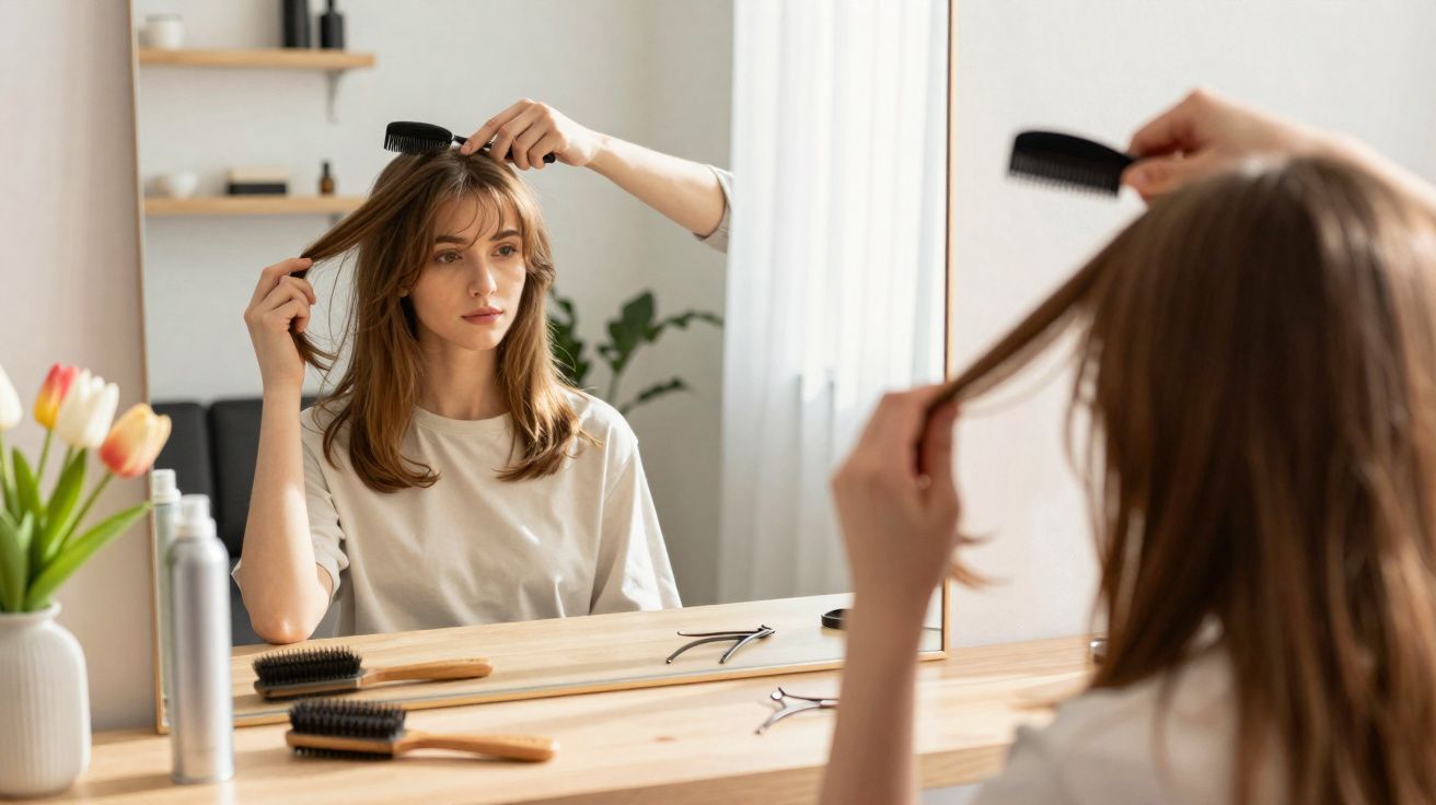 Mulher penteando o cabelo sentado em frente ao espelho em ambiente claro e decorado.