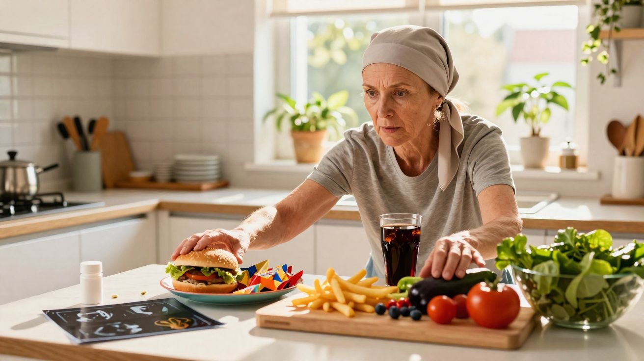 Mulher idosa em cozinha olhando para hambúrguer e legumes frescos sobre a mesa.