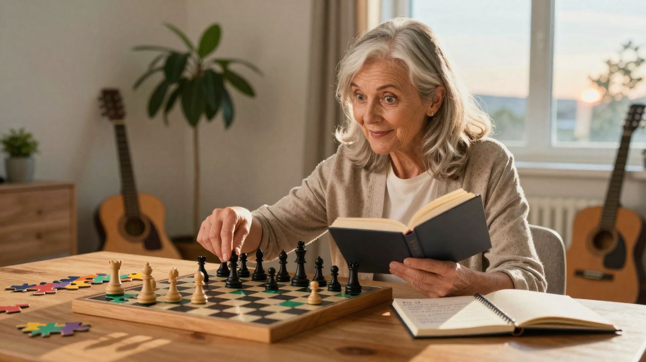 Mulher madura jogando xadrez enquanto lê um livro, com violões e plantas ao fundo.
