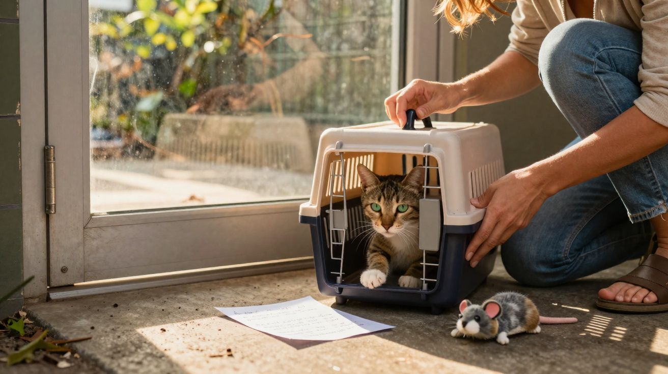 Pessoa colocando um gato dentro de uma caixa de transporte perto de uma porta de vidro.