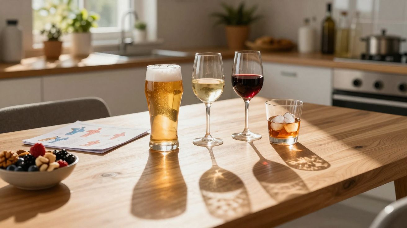 Mesa de madeira com quatro copos: cerveja, vinho branco, vinho tinto e uísque com gelo, em cozinha iluminada.