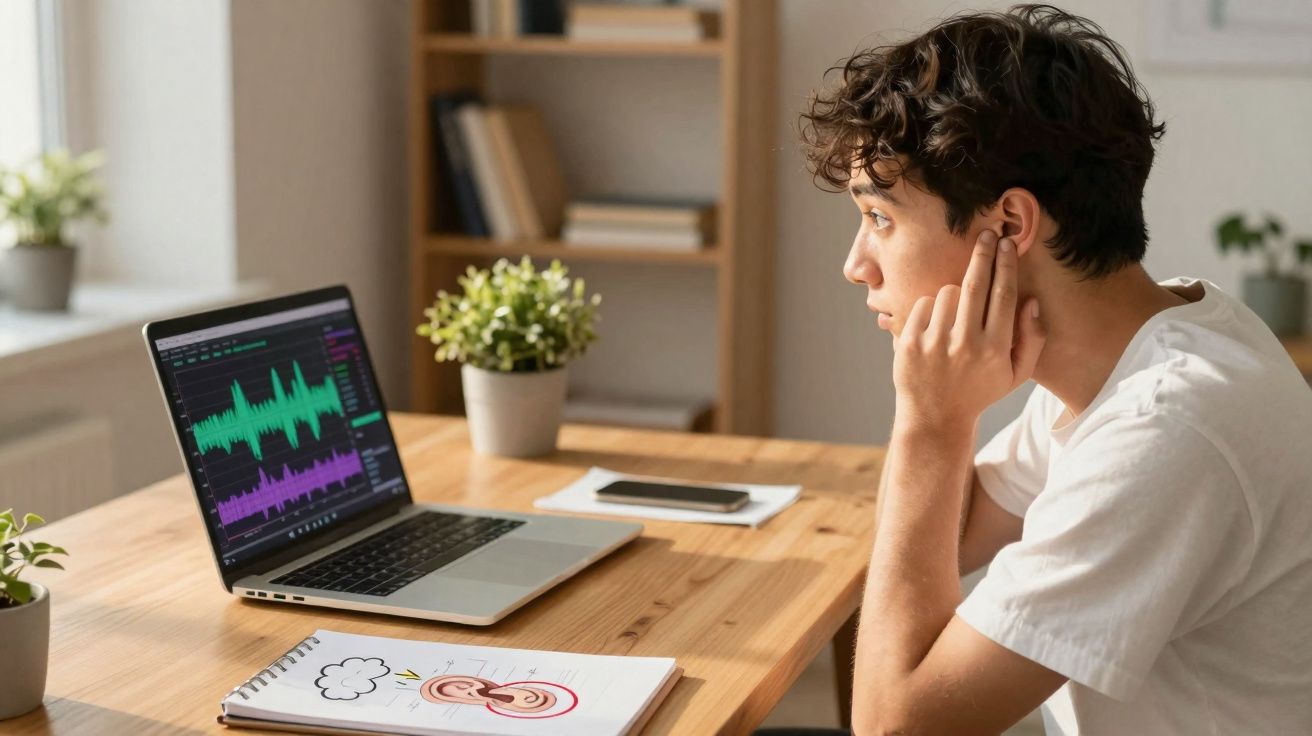 Jovem sentado à mesa, observando ondas sonoras em laptop, com desenho do ouvido e plantas ao redor.