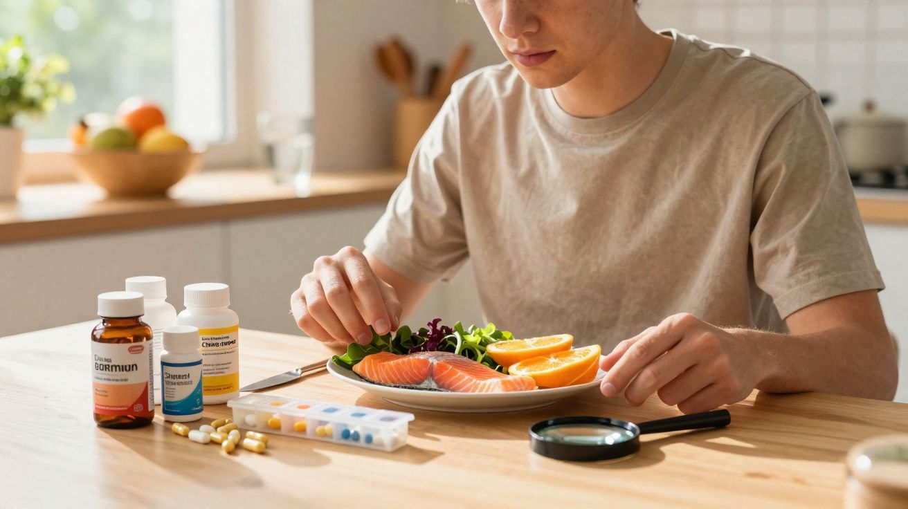 Pessoa preparando prato com salmão, frutas e legumes, com frascos de suplementos e uma lupa na mesa.