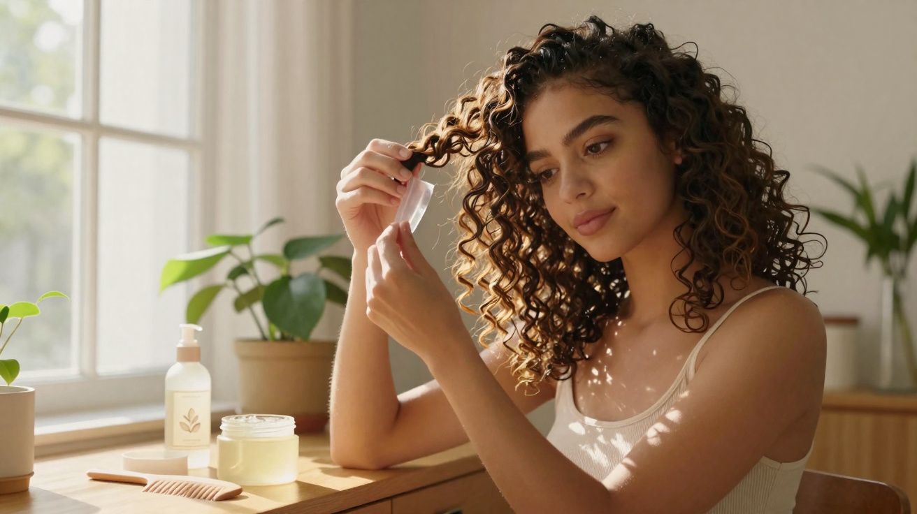 Mulher aplicando creme em cabelo cacheado em ambiente iluminado, com plantas ao fundo.