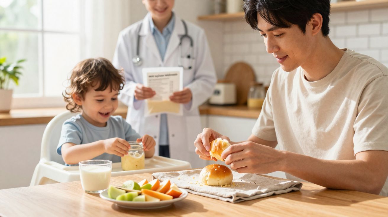 Pai preparando sanduíche para o filho em cadeirinha enquanto médica observa em cozinha iluminada.