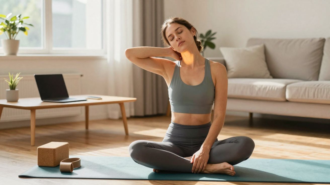Mulher sentada em tapete de yoga fazendo alongamento no pescoço em sala de estar iluminada.