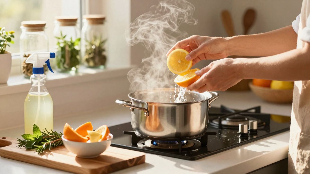 Pessoa espremendo limão dentro de panela com água fervente em fogão moderno na cozinha.