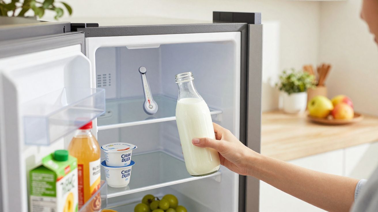Pessoa segurando garrafa de leite dentro de geladeira aberta com frutas e iogurtes.