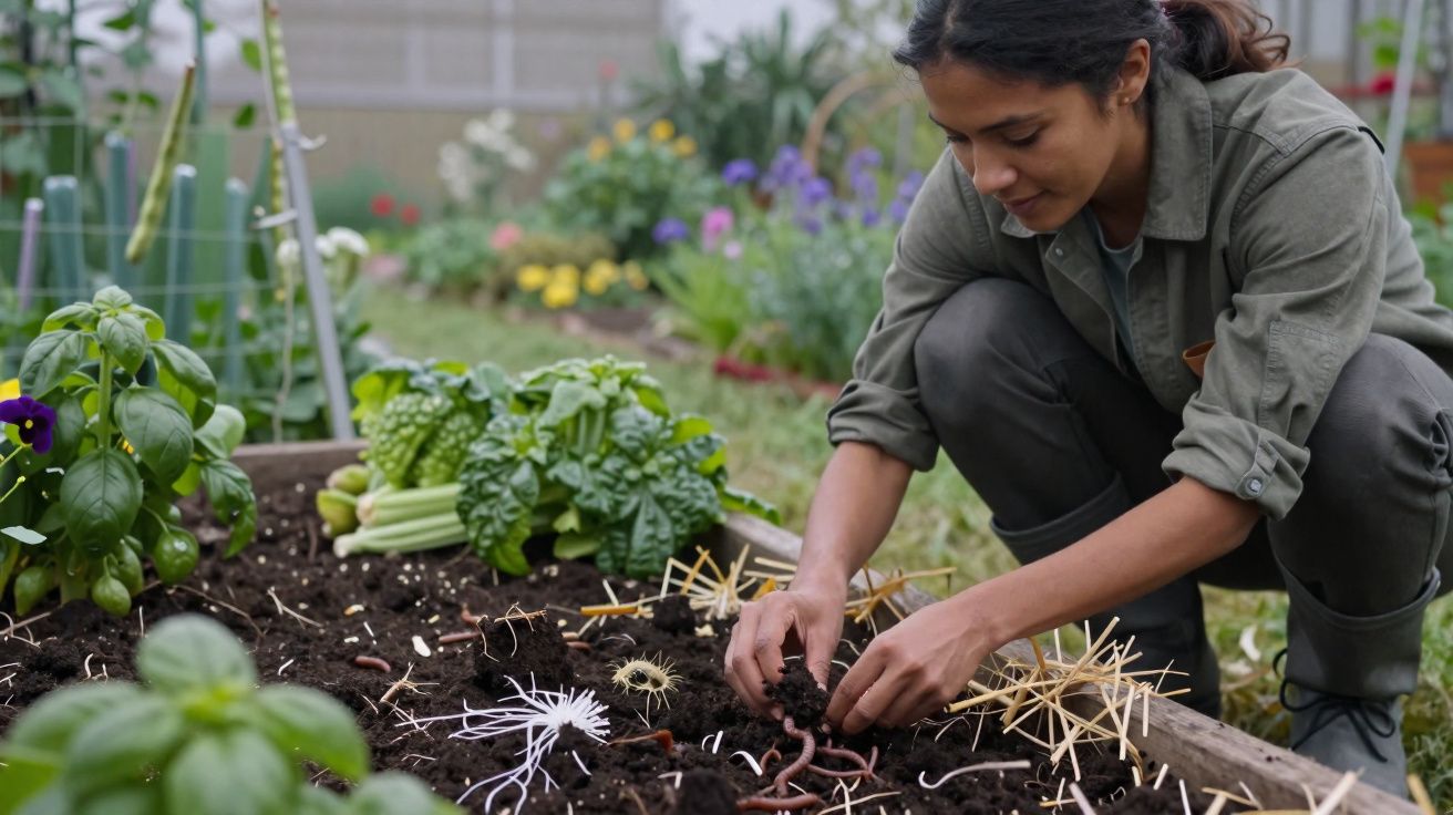 Mulher plantando minhocas em canteiro de terra no jardim com plantas verdes ao redor.