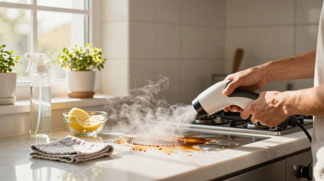 Pessoa limpando a superfície da cozinha com um limpador a vapor, com vapor saindo do aparelho.