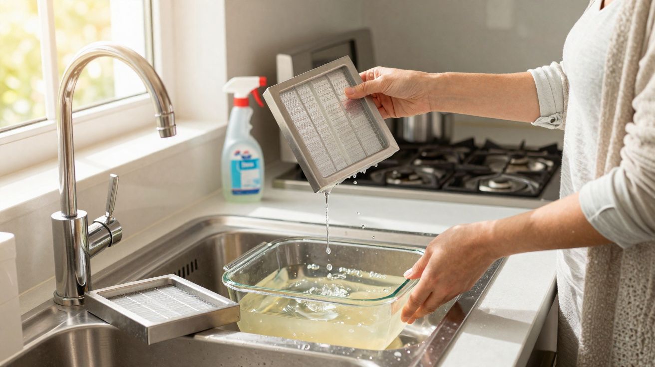Pessoa lavando filtro de ar condicionado com água em pia de cozinha moderna.