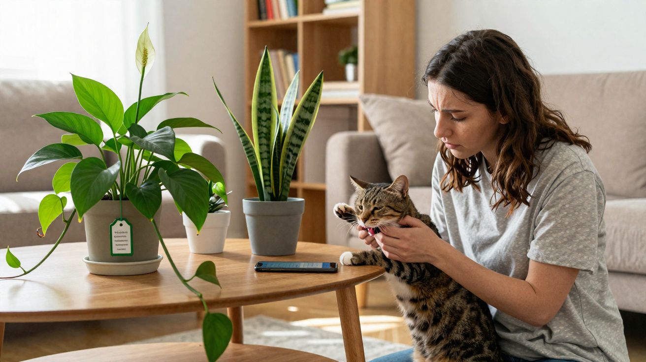 Mulher alimenta gato com remédio em sala com plantas e sofá ao fundo.
