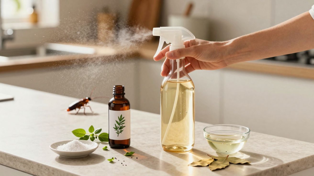 Mão borrifando spray caseiro para eliminar baratas, com ingredientes naturais sobre bancada de cozinha.