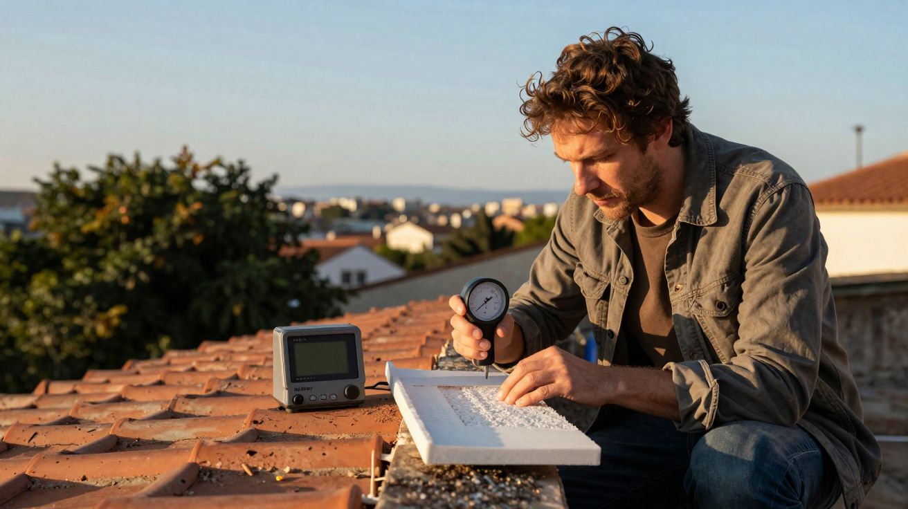 Homem com roupas casuais mede material branco com instrumento de precisão em telhado ao ar livre.