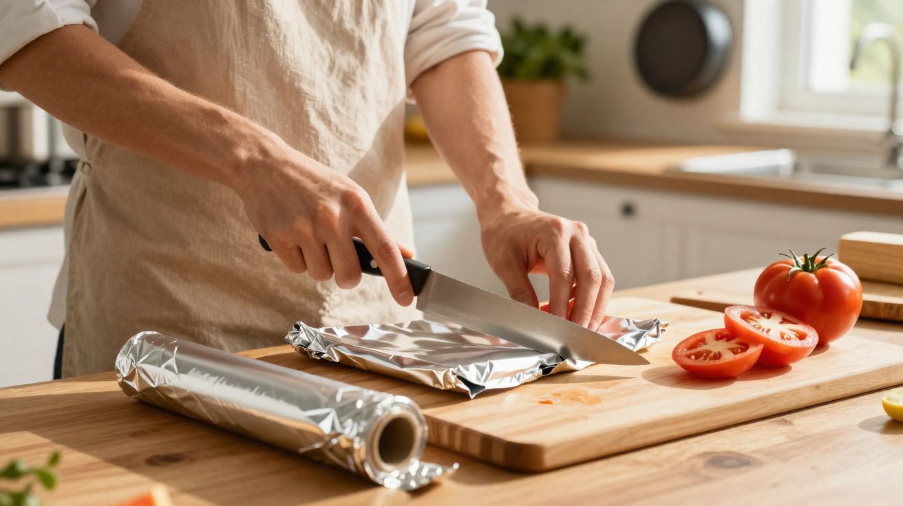 Pessoa cortando papel alumínio na cozinha com tomates fatiados em tábua de madeira ao fundo.