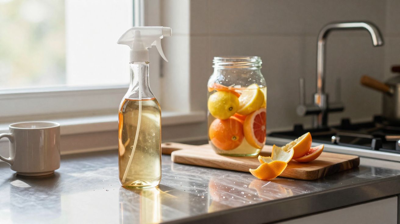Frascos e frutas cítricas na bancada da cozinha com janela, caneca e pia ao fundo.