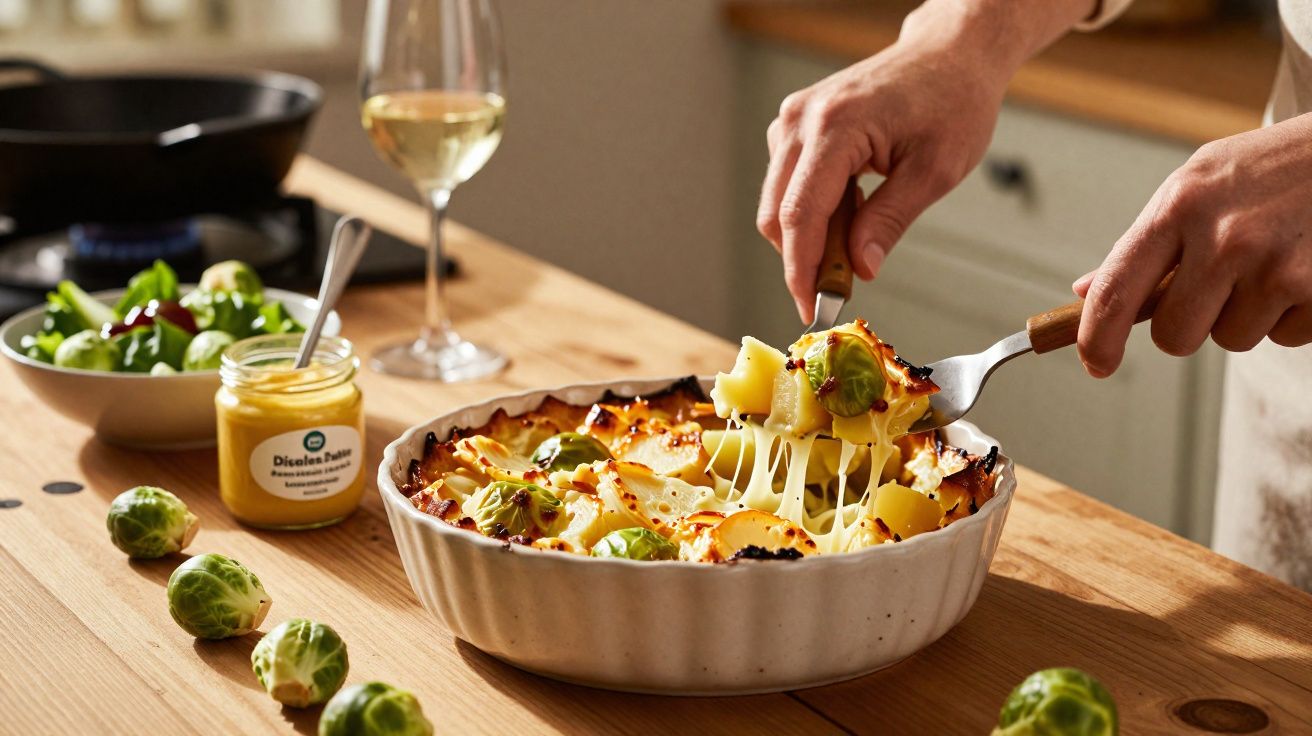 Pessoa servindo gratinado de batata com couve-de-bruxelas em mesa de madeira com salada e vinho branco.