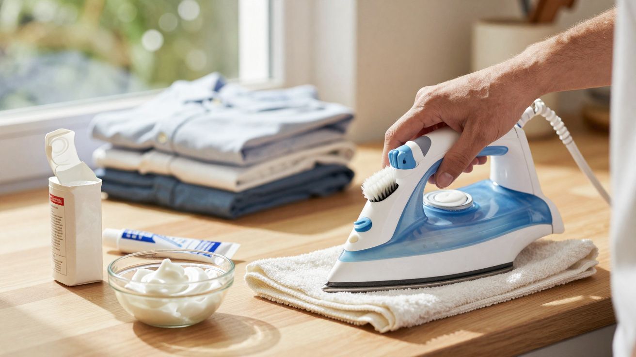 Pessoa passando ferro azul sobre toalha branca em mesa de madeira com roupas ao fundo e produtos de limpeza.