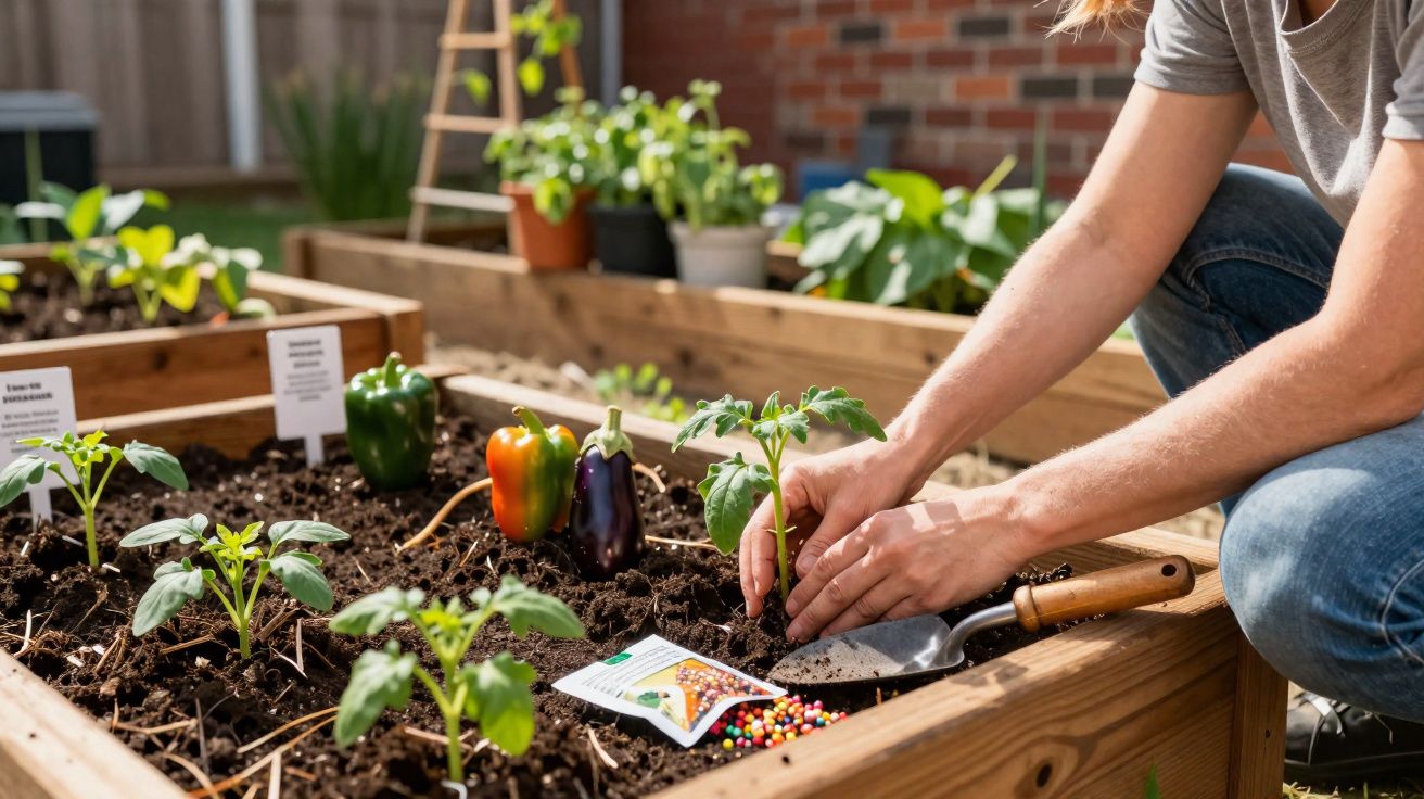 Pessoa plantando muda em canteiro elevado de jardim com legumes como pimentão e berinjela ao fundo.