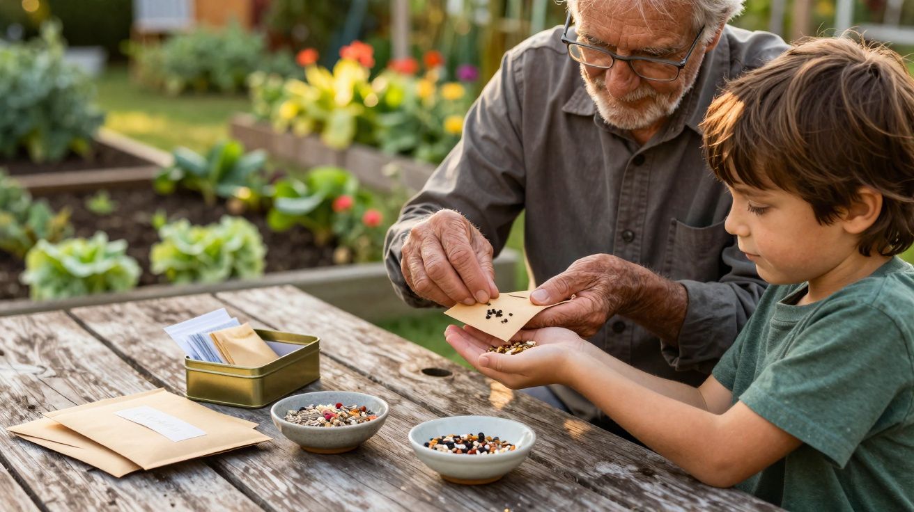 Idoso e menino sentados à mesa no jardim, preparando sementes para plantar em envelopes.