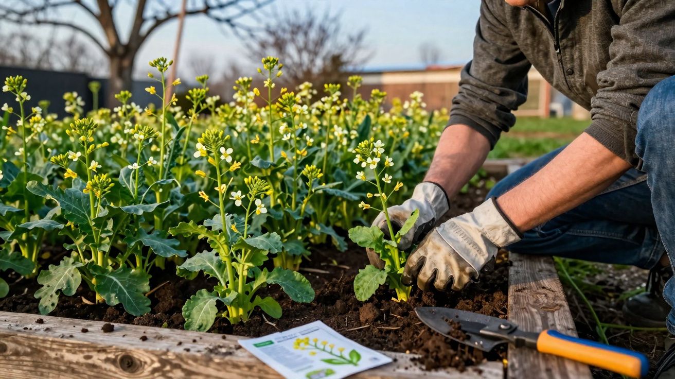 Pessoa com luvas colhendo plantas floridas em canteiro de jardim ao ar livre.