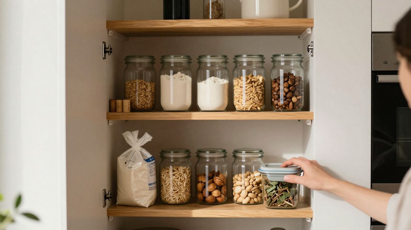 Armário de cozinha com potes de vidro organizados contendo alimentos variados e uma pessoa guardando um pote.