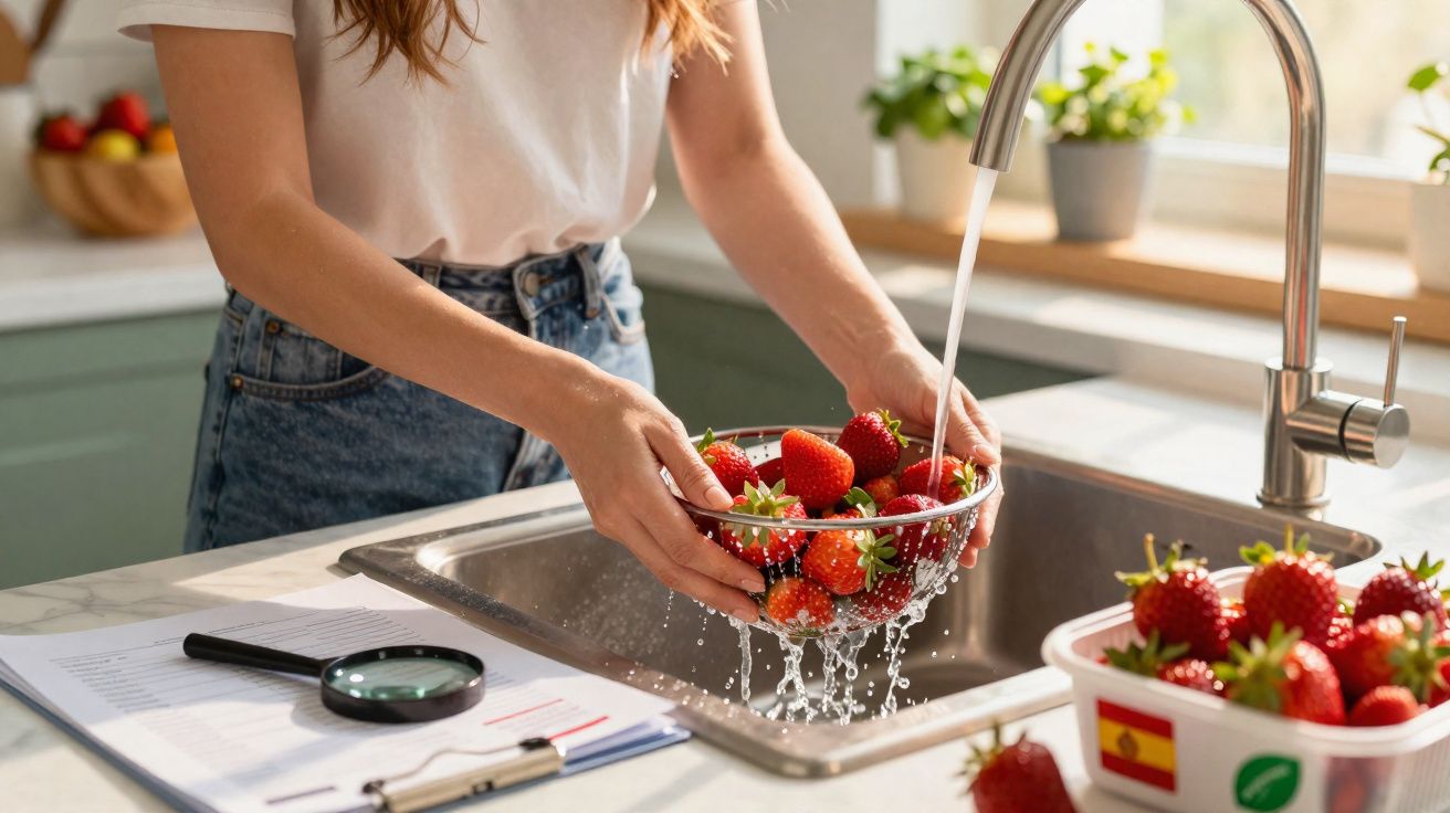Pessoa lavando morangos frescos em uma pia de cozinha com torneira aberta.