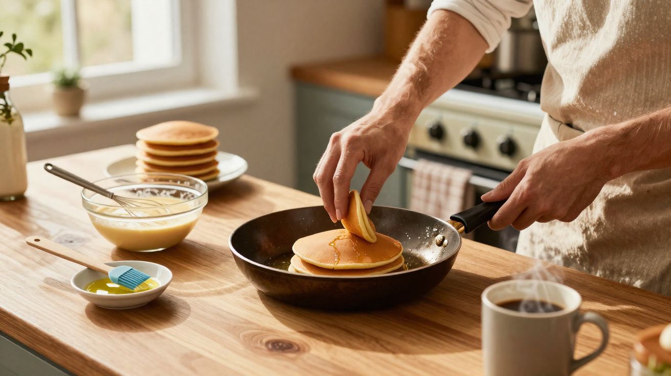 Pessoa empilhando panquecas quentes em frigideira em cozinha com café e massa ao fundo.
