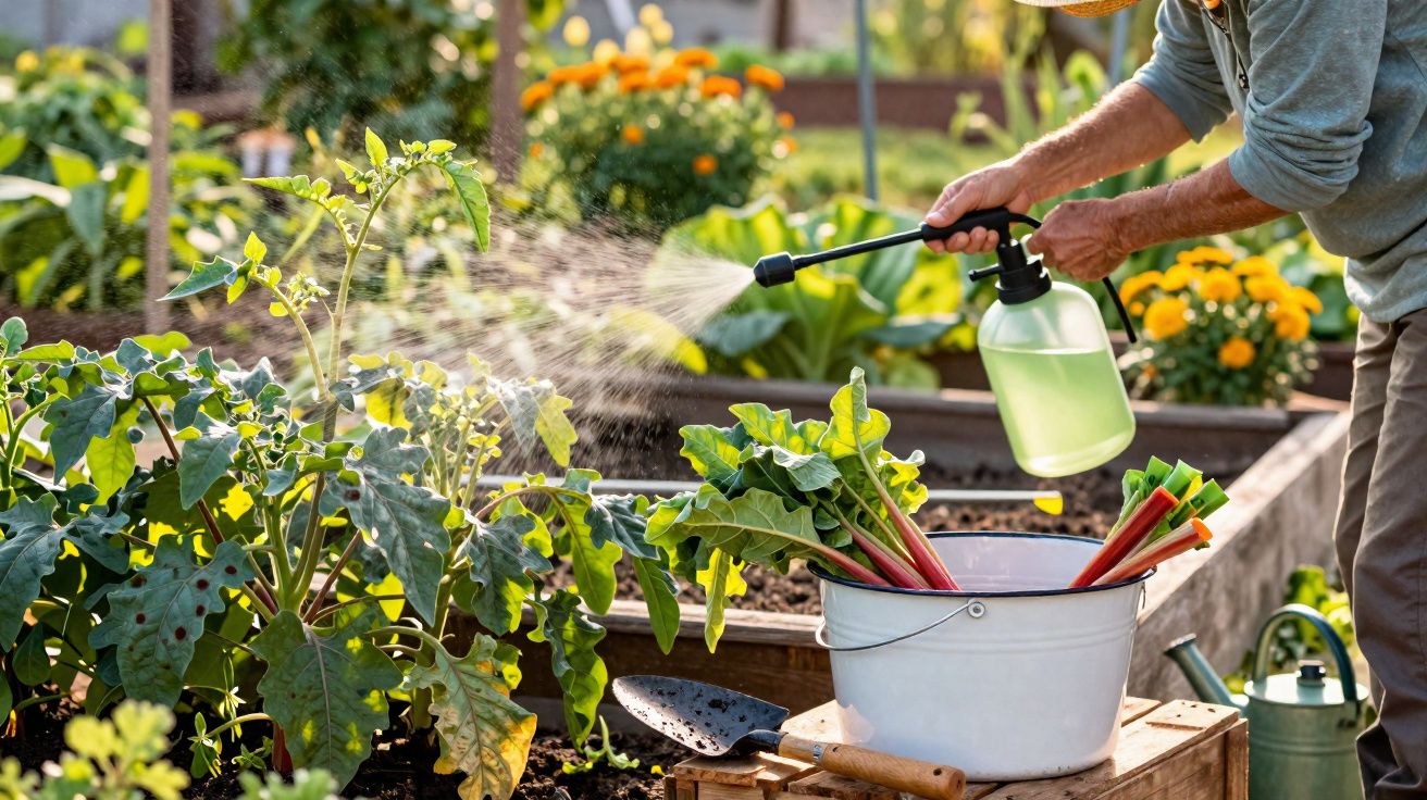 Pessoa borrifando água em plantas em jardim com flores e vegetais em canteiros elevados.