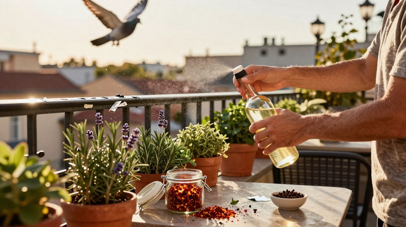 Pessoa regando plantas em vasos na varanda durante o dia com pomba voando ao fundo.