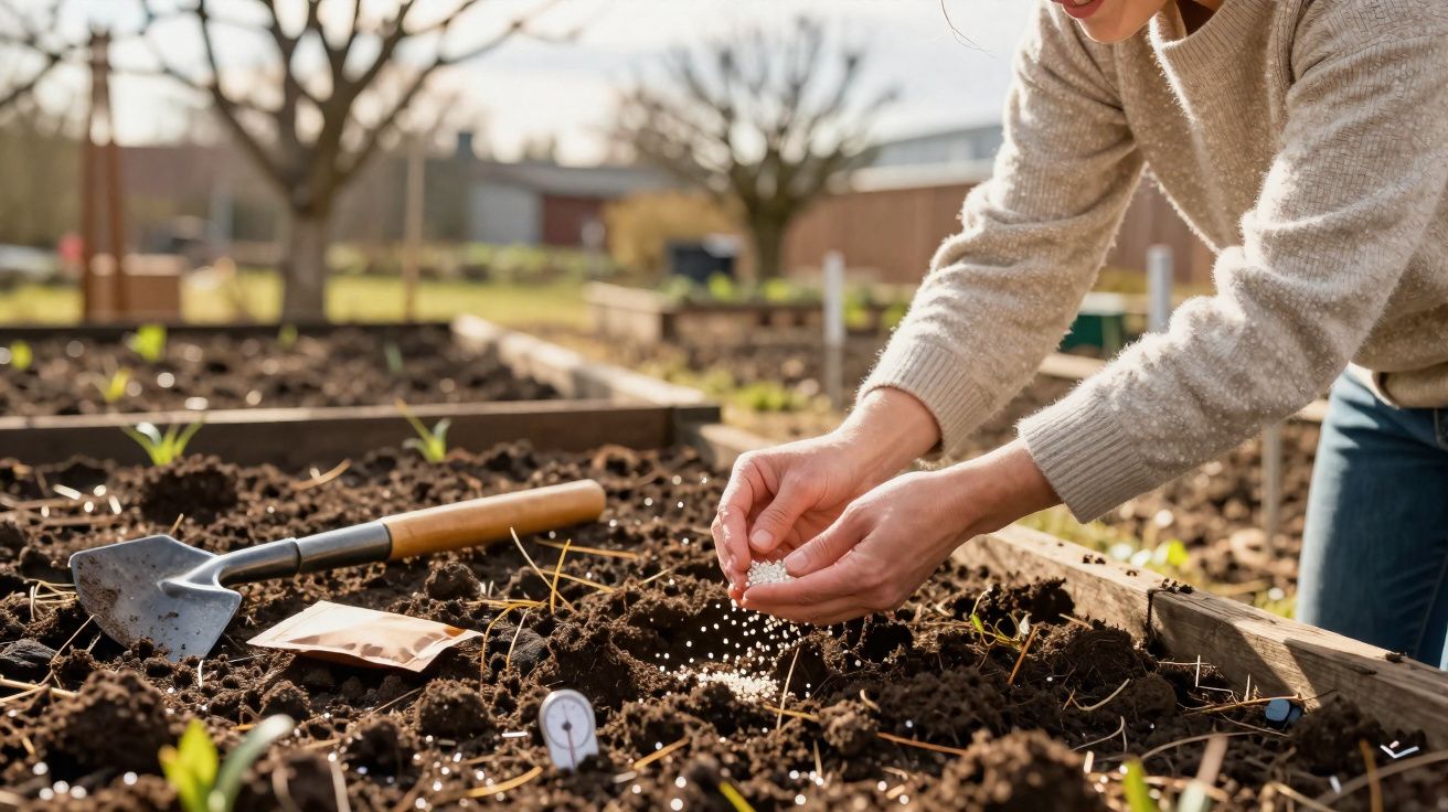 Pessoa aplicando fertilizante em canteiro de terra em jardim externo ensolarado.