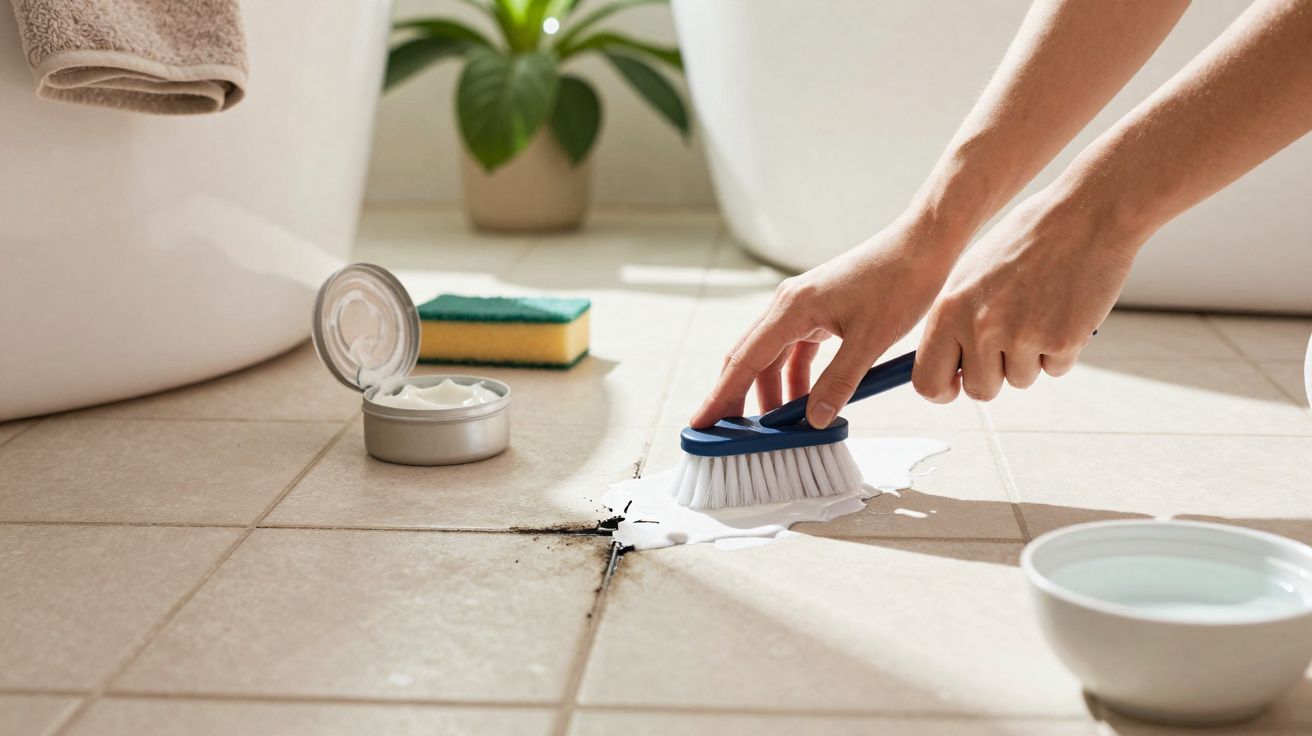 Mãos usando escova para limpar sujeira acumulada no rejunte de piso cerâmico em banheiro.