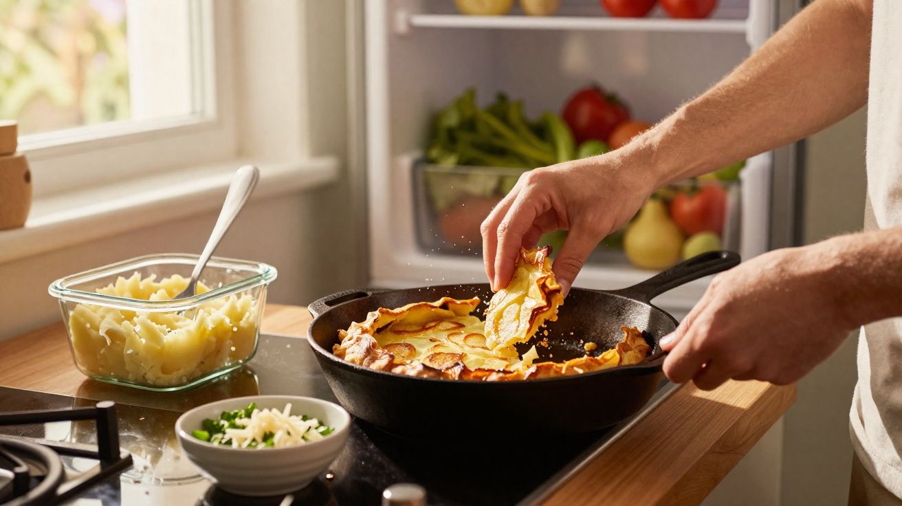 Pessoa pegando fatia de torta salgada em frigideira na cozinha iluminada pela luz do dia.