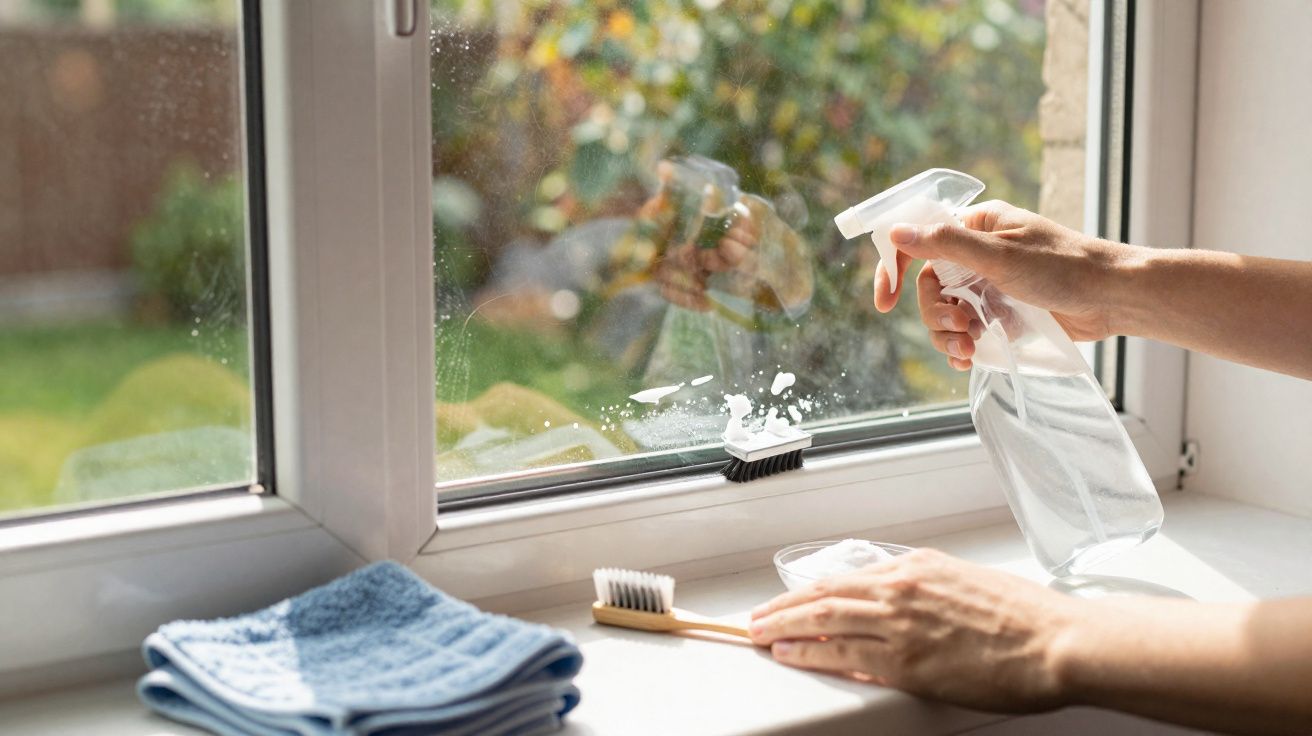 Pessoa limpando janela de vidro com borrifador, escova e pano azul sobre o peitoril da janela.