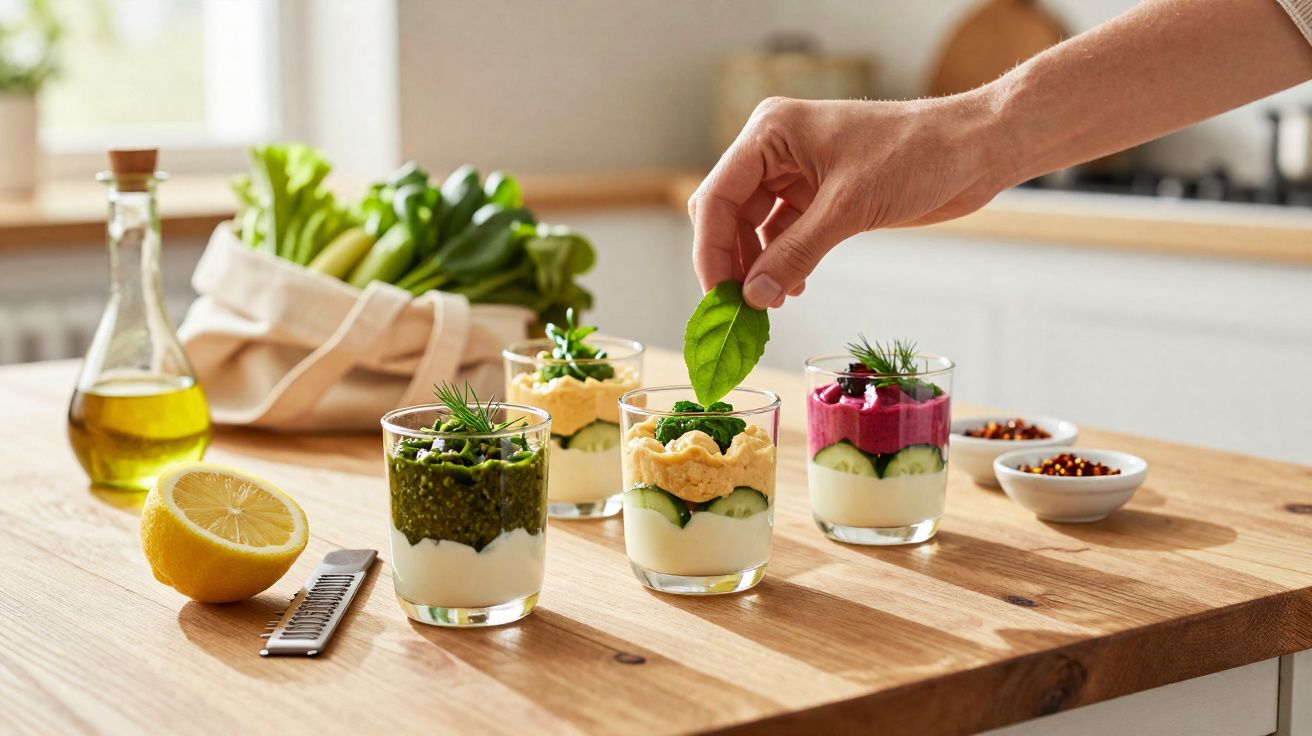 Mão decorando copo com folhas verdes e patês coloridos sobre bancada de madeira na cozinha.