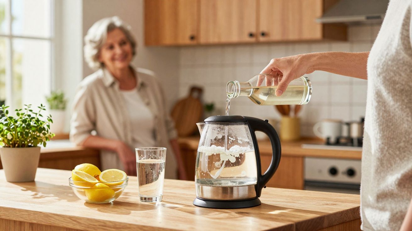 Pessoa despejando líquido em chaleira elétrica em cozinha, com mulher sorridente ao fundo.