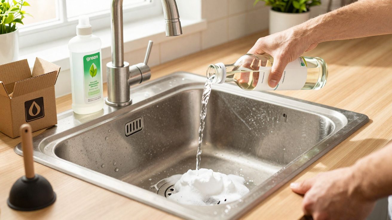 Pessoa despejando líquido de garrafa transparente em espuma dentro de pia de cozinha inox.