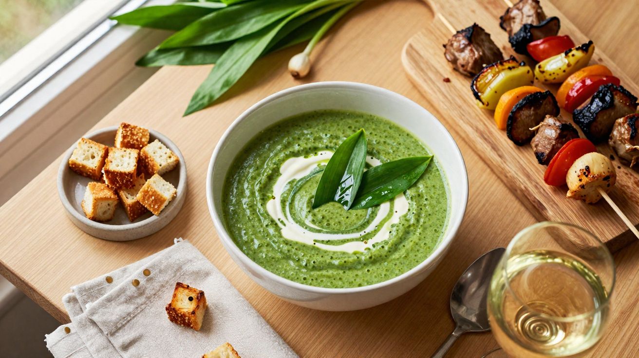 Tigela de sopa verde com creme e folhas, cubos de pão, espetinhos de legumes e carne, e taça de vinho branco.
