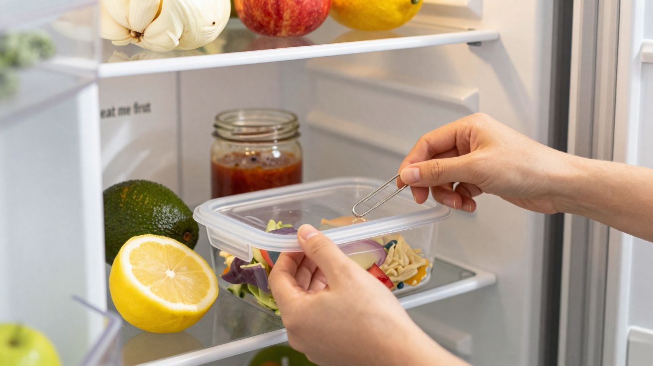 Mãos fechando pote plástico com salada dentro de geladeira com frutas e vidro de molho.