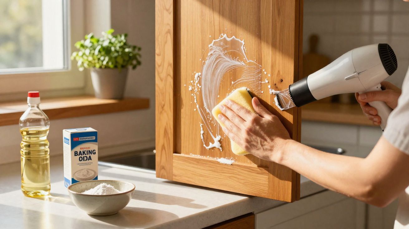 Pessoa usando secador e esponja para limpar sujeira branca de porta de armário de cozinha de madeira.