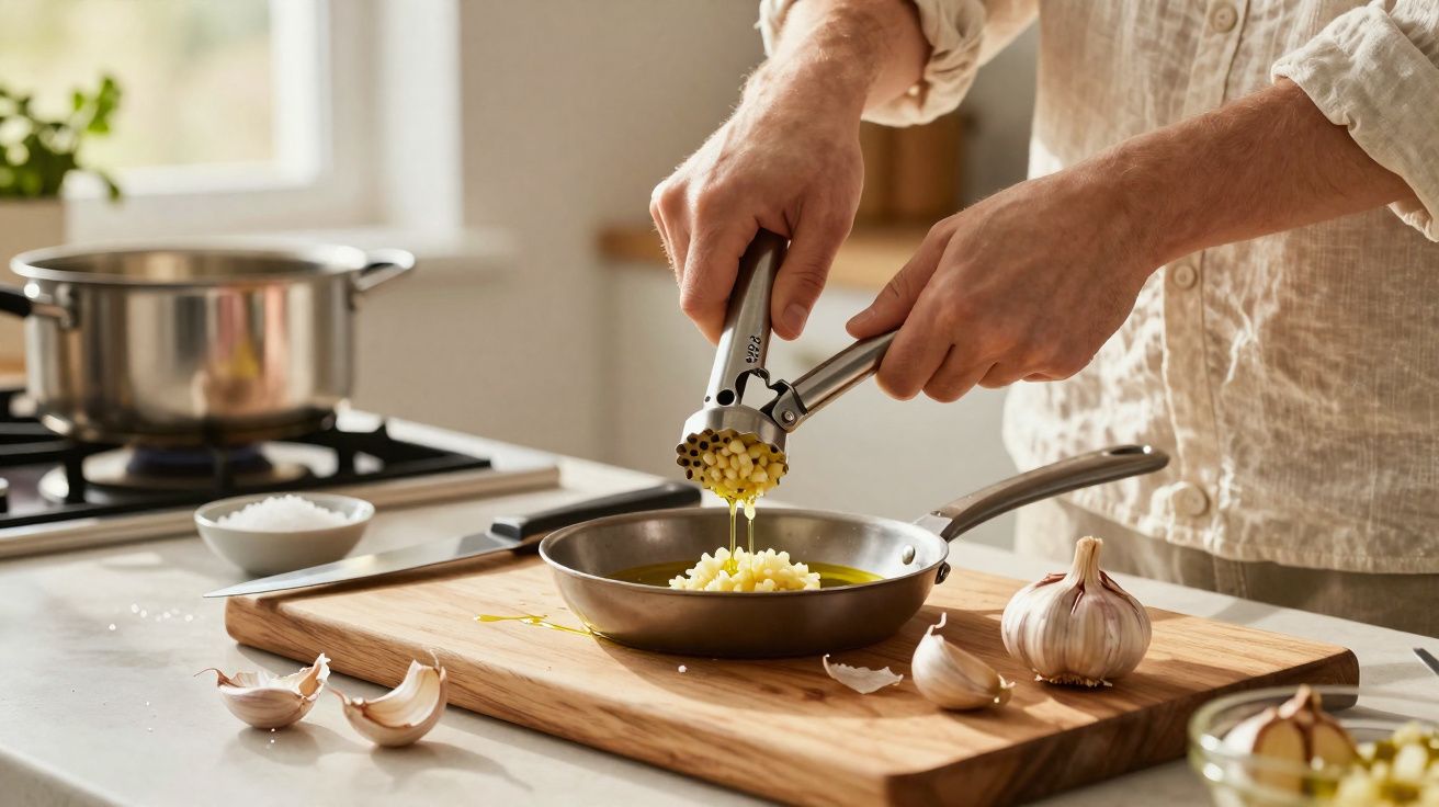 Pessoa espremendo alho em frigideira com azeite sobre tábua de madeira na cozinha.