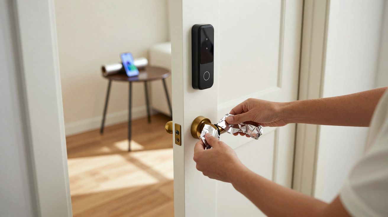 Pessoa abrindo porta com maçaneta dourada e fechadura eletrônica preta moderna em ambiente iluminado.