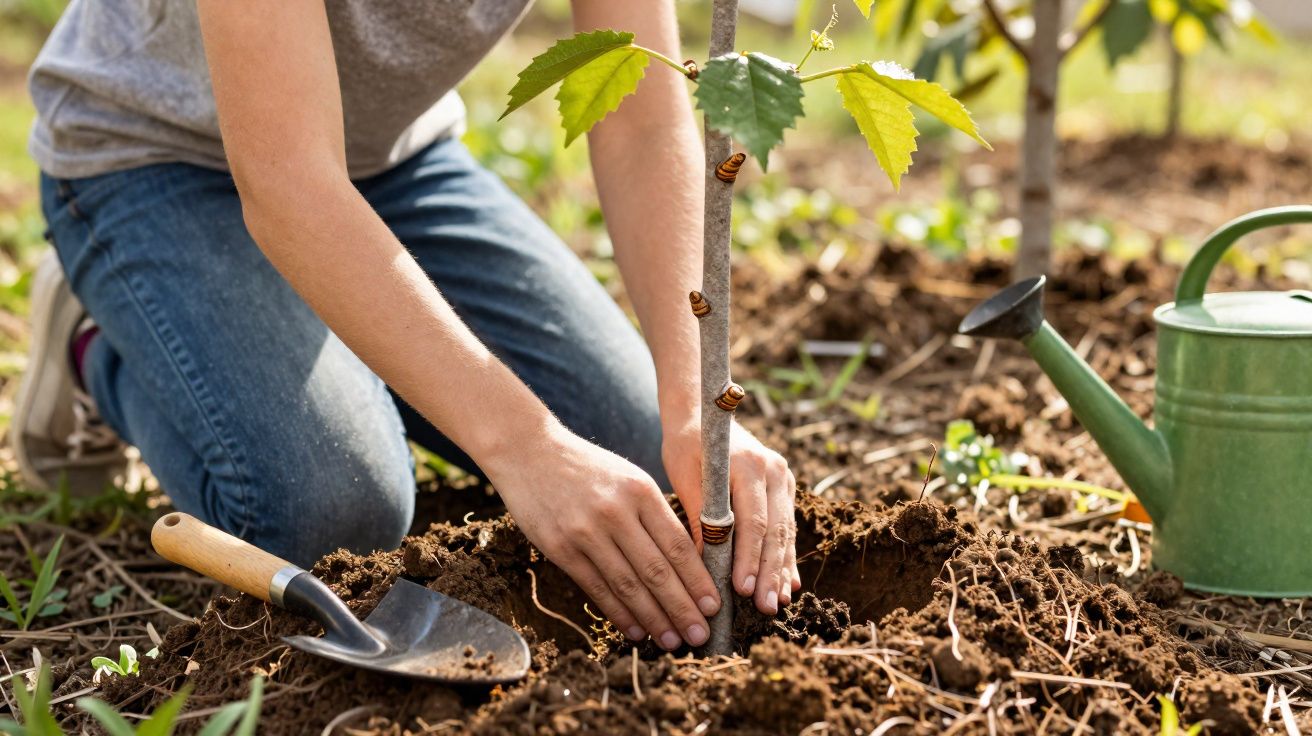 Pessoa plantando muda de árvore no solo com regador e pá ao lado em área ao ar livre.