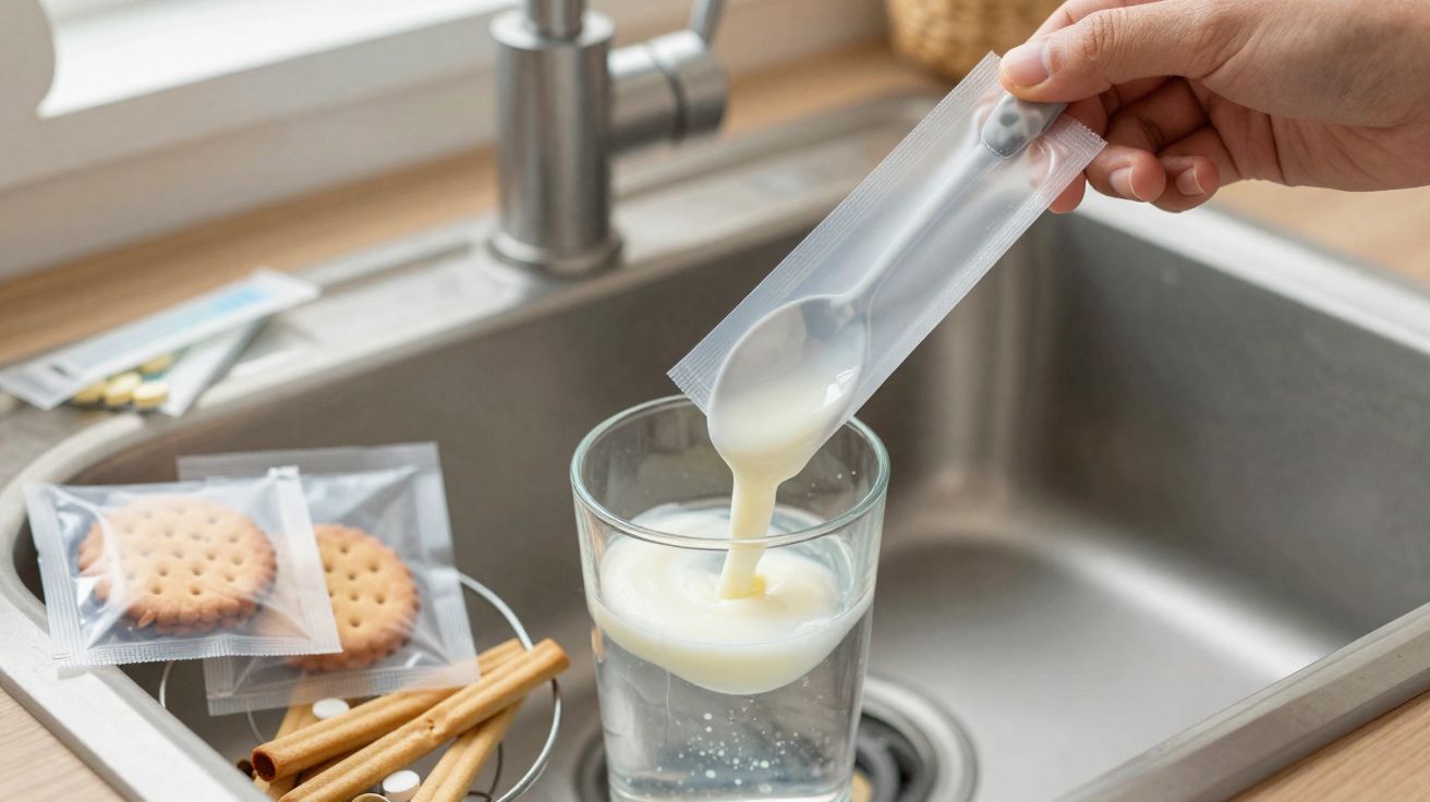 Mão derramando líquido branco de sachê em copo com água ao lado de biscoitos embalados na pia.