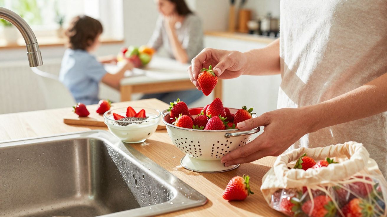 Pessoa lavando morangos em uma cozinha clara, com mulher e criança ao fundo pela janela.