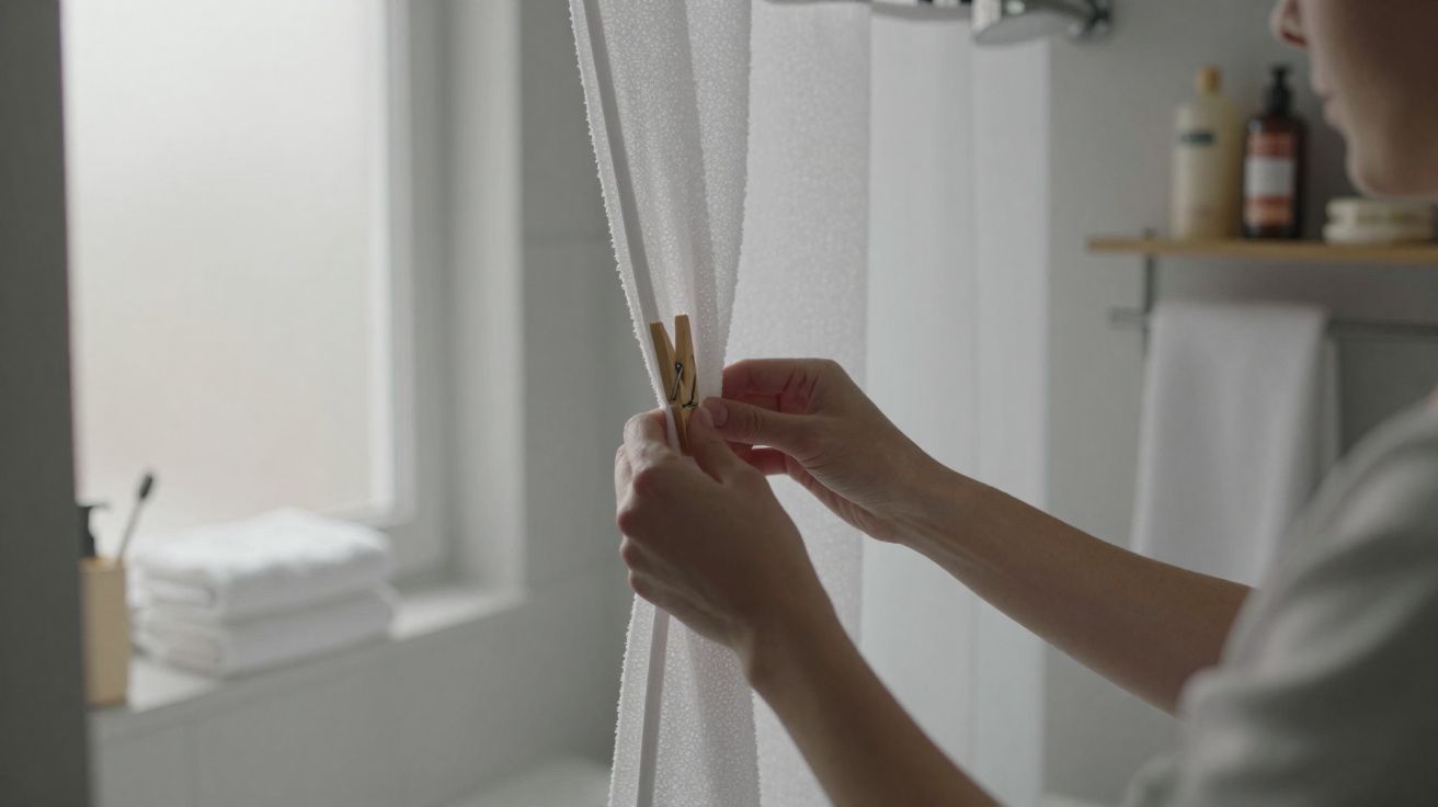 Pessoa prendendo cortina branca com prendedor de roupa em banheiro iluminado por janela.