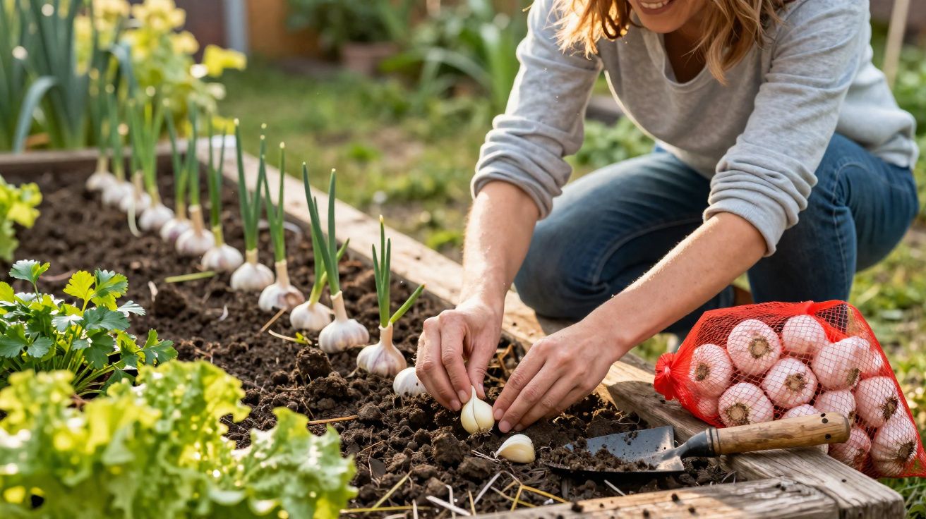 Pessoa plantando dentes de alho em canteiro de jardim com sacola de alho ao lado e vegetais ao redor.